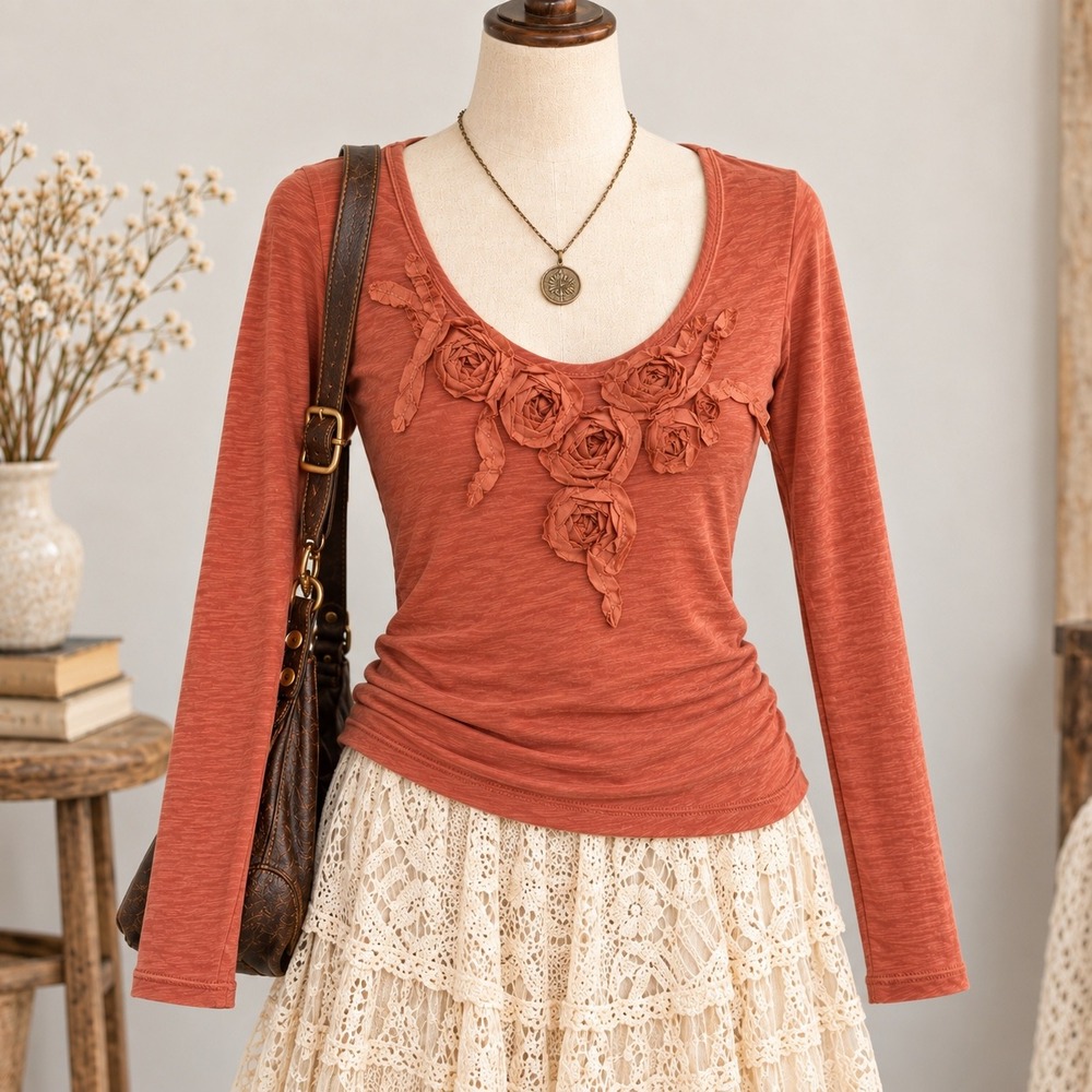 J.Crew Boho Floral Top S Burnt Orange Slub Cotton Silk Trim Romantic Cottagecore